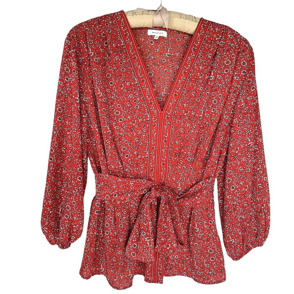 Max Studio Rust Floral Boho Tie Waist Peasant Top Three Quarter Sleeve Women’s L